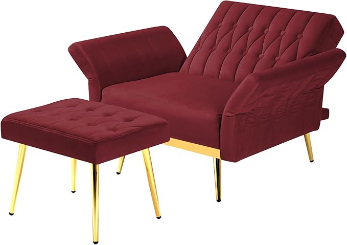 Velvet Accent Chair with Adjustable Backrest and Armrests Single Recliner Armchair with Ottoman and Golden Mental Legs for Living Room Bedroom and Waiting Room Red