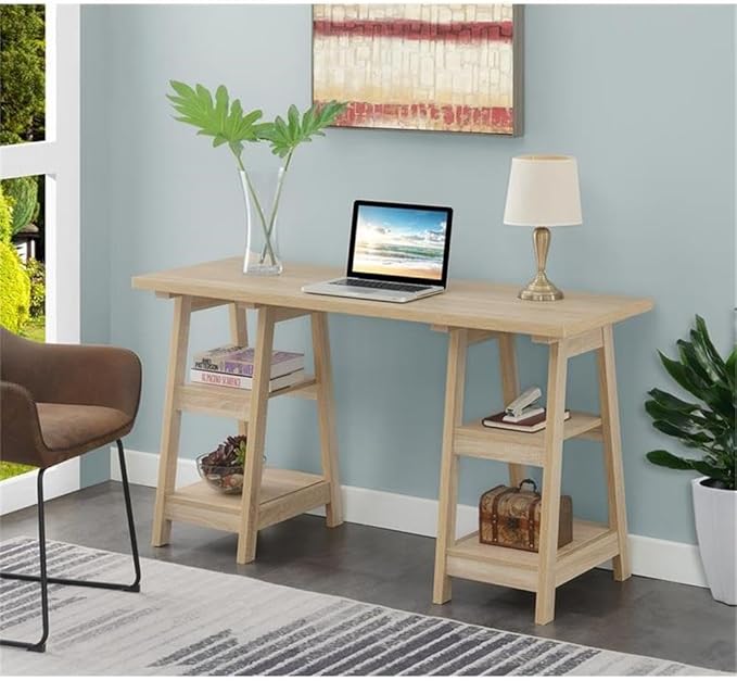 Pemberly Row Modern Double Trestle Desk Natural Wood Finish 54 in x 20 in x 29.5 in Particle Board and MDF Spacious Desktop with 4 Shelves Home Office Desk for Studying or Working from Home