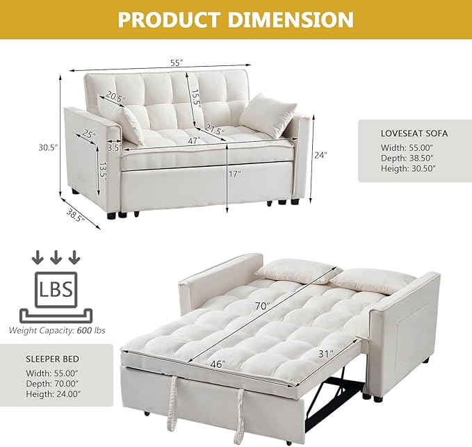 Kiztir Futon Sofa Bed 55 Small Loveseat Sleeper Sofa Comfy Velvet Pull Out Couch Bed with 3 Levels Adjustable Backrest and Side Pockets for Living Room Bedroom Apartment Small Spaces (B-Beige)