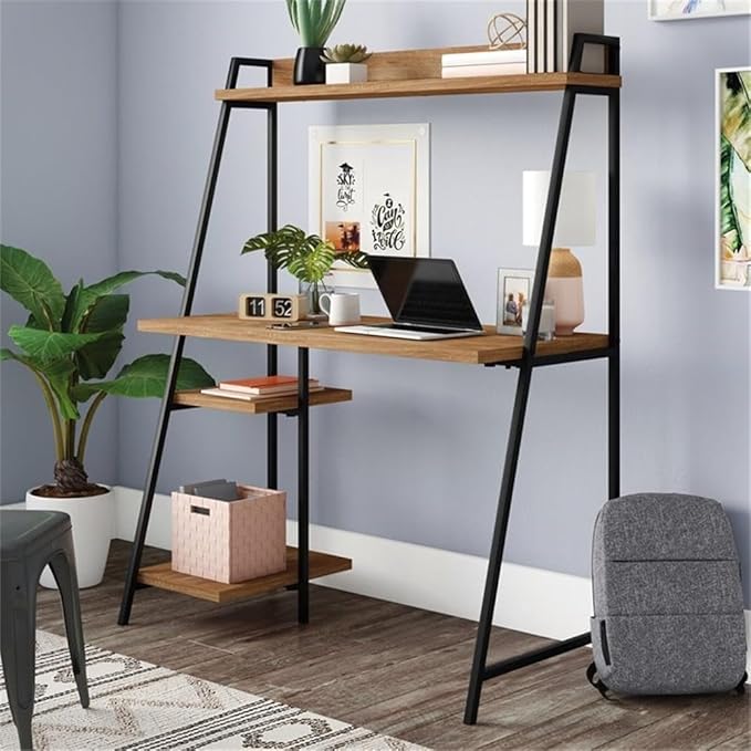 Pemberly Row Mid-Century Engineered Wood Computer Desk Sindoori Mango/Brown Finish 43 in Wide 54 in Tall Durable Metal Frame with Hutch Modern Small Office Desk for Home or Workspace