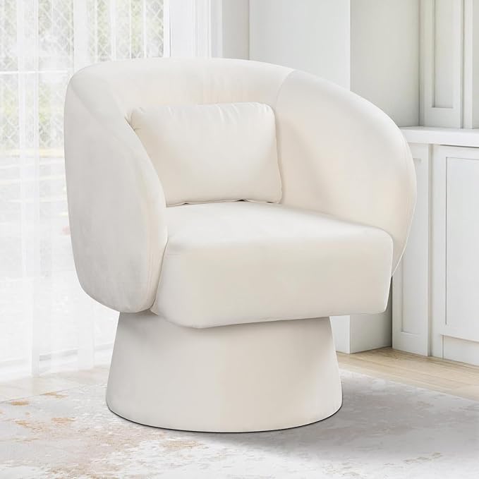 Giantex Swivel Accent Chair Upholstered Barrel Chair with Curved Back &amp Removable Lumbar Pillow Comfy Round Armchair with 360° Rotating Function Single Sofa Chair for Living Room