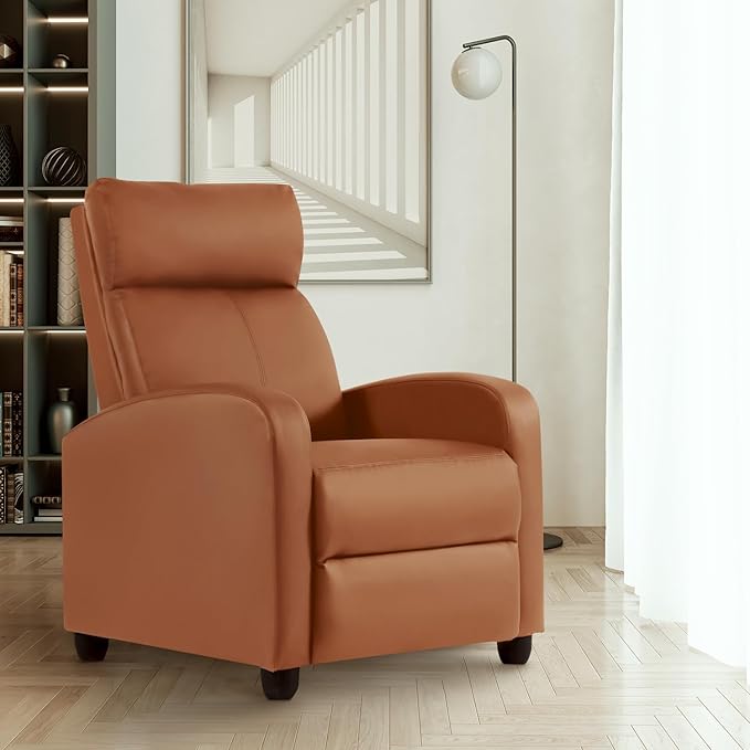 Recliner Chair PU Leather Reclining Sofa Lounge Home Theater Seating with Lumbar Support Overstuffed High-Density Sponge Push Back Recliners Armchair for Living Room Tan