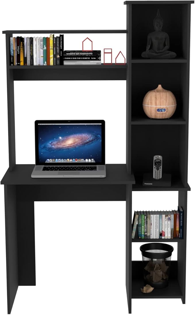 Black Desk with 5 Cubbies - Modern Home Office Computer Desk