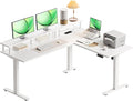 AODK Electric L-Shaped Standing Desk 59 Inch Height Adjustable Office Desk with Monitor Stand Sit-Stand Desk with Power Outlets Large Lift Table for Home Office Workstation White