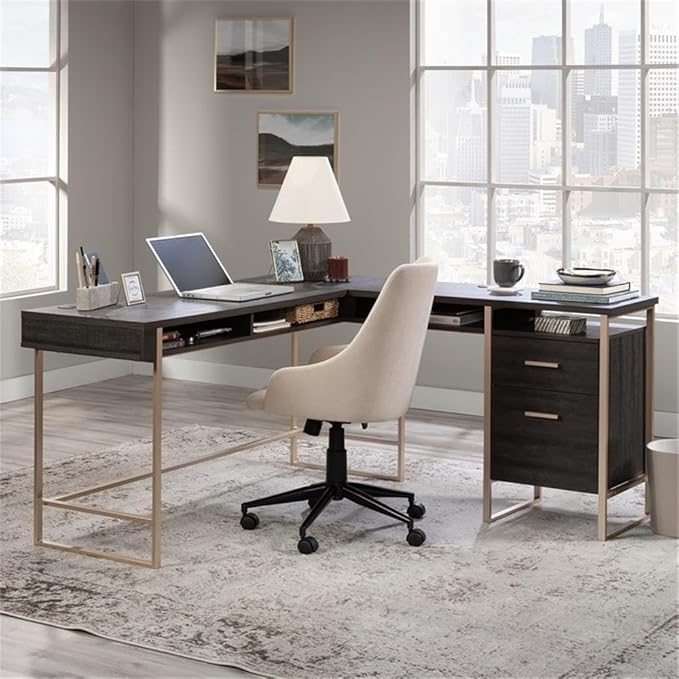 Pemberly Row L-Shaped Engineered Wood Desk Blade Walnut and Champagne Gold Finish 60 in Wide Work Surface Cord Management and Storage Drawers Modern Home Office Desk for Organizing Files