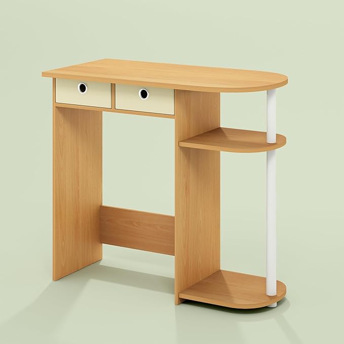 Ipoh Home Computer Desk 32 Inch Writing Desk Study Desk with Side Shelves and Bin Storage for Home Office Study Room Natural/White