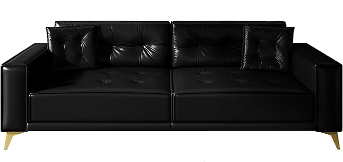 KEIKI 92.1 King Size Pull Out Sofa Bed 3-in-1 Faux Leather Convertible Sleeper Clouch with 2 Pillows 4-Seater Sofa Bed for Living Room Apartment Office Black