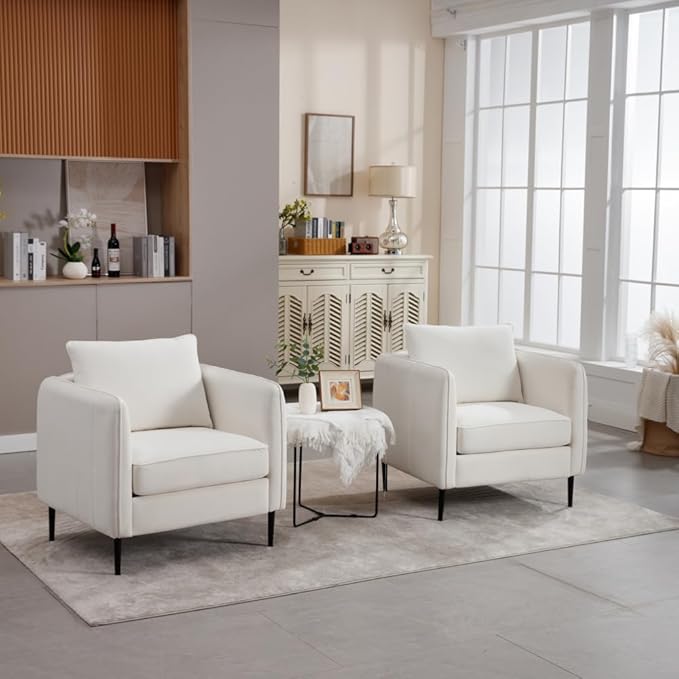 Velvet Accent Chair Mid-Century Modern Armchair with Metal Legs Single Sofa Chair for Living Room Bedroom Office Reading Includes Pillow (Ivory + Steel + Velvet + Wood + 1 Seat + Foam)