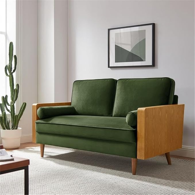 MAKLAINE Contemporary Vegan Leather Upholstered Loveseat Walnut Moss Green Finish Wood Veneer Armrests High-Density Foam Down Blend Cushions Tapered Wood Legs Mid Century Style for Living Room