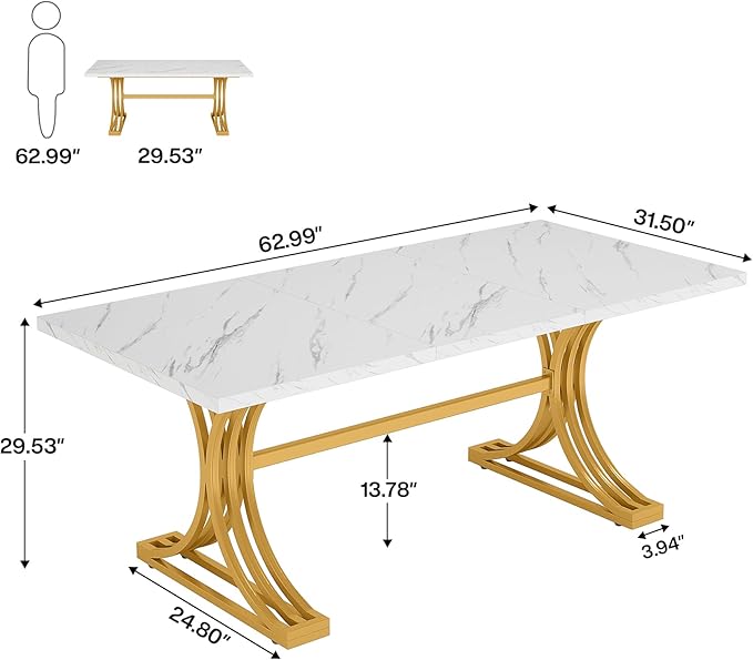 Tribesigns 63 White Gold Desk Modern Office Desks with Faux Marble Tabletop Large Modern Executive Desk Computer Desk with Trestle Legs