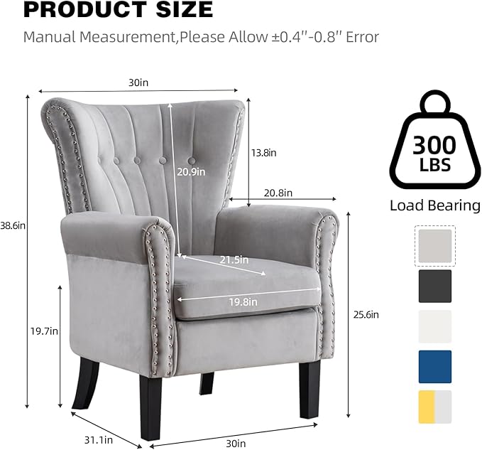 Modern Velvet Accent Chair Upholstered Tufted Armchair Wingback Chair Single Sofa Club Chair with Solid Wood LegsComfy Reading Chair for Living RoomBedroomLoungeOffice (Gray)
