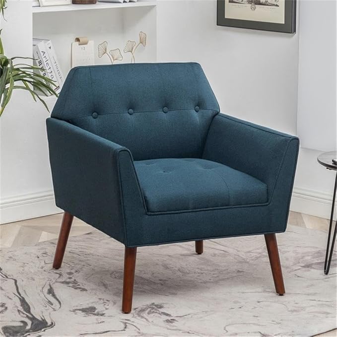 Pemberly Row Accent Chair Blue Polyester Fabric Solid Wood Legs with Espresso Finish 30 x 27.25 x 31.5 in. Button-Tufted Mid-Century Modern Design Living Room or Lounge Chair