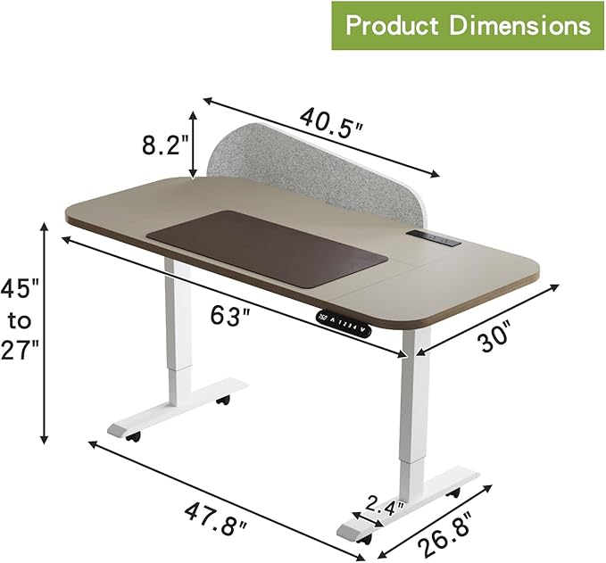 Radlove Electric Standing Desk 63 x 30'' Ergonomically Curved Desktop with Outlet Lockable Casters 4 Memory Keys Easy to Set Home Office Desk Beige Top White Frame Grey Privacy Panel