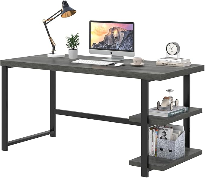 EXCEFUR Industrial Computer Desk Home Office Desk with Storage Shelves Wood Study Writing Table for Bedroom Living Room Grey 53 Inch