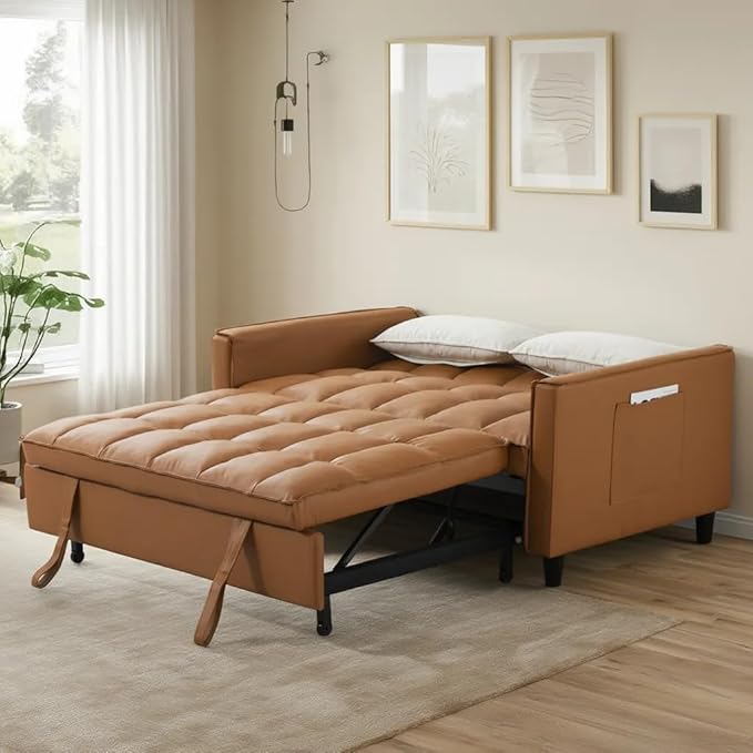 3 in 1 Convertible Sofa Bed Love Seat Sleeper Bed with Side Pockets PU Fabric Pull Out Couch with Adjustable Backrest for Living Room Bedroom Apartment Brown