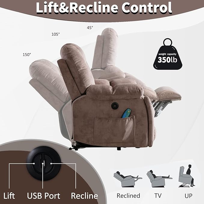 CANMOV Power Lift Recliner Chair with Massage and Heat for Elderly Overstuffed Wide Recliners Heavy Duty and Safety Motion Reclining Mechanism with USB Ports 2 Concealed Cup Holders Apricot