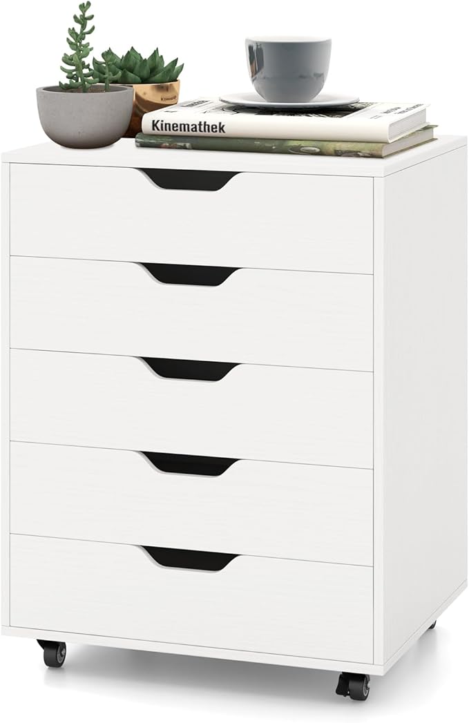 File Cabinet Mobile Filing Cabinet w/Universal Wheels &amp 5 Drawers Wood Printer Stand with Storage Rolling File Cabinets for Home Office Living Room Bedroom (White 5 Drawers)