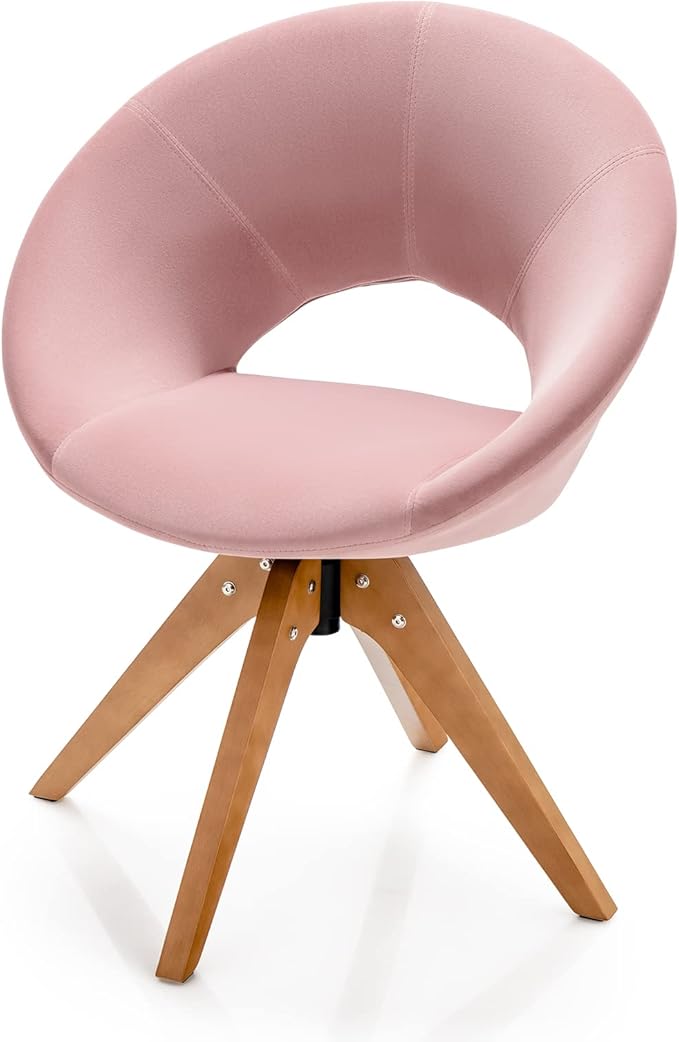 Giantex Swivel Accent Chair Modern Office Chair with Wood Legs Oversized Upholstered Seat Round Tufted Back Velvet Vanity Chair for Living Room Bedroom Pink