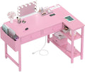 DLisiting Pink Reversible L Shaped Desk with Drawers and Shelves Small Kids Study Vanity PC Computer Desk with Storage for Girls Corner L-Shaped Desks for Small Space Bedroom