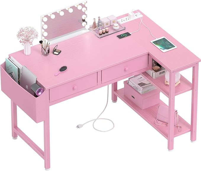 DLisiting Pink Reversible L Shaped Desk with Drawers and Shelves Small Kids Study Vanity PC Computer Desk with Storage for Girls Corner L-Shaped Desks for Small Space Bedroom