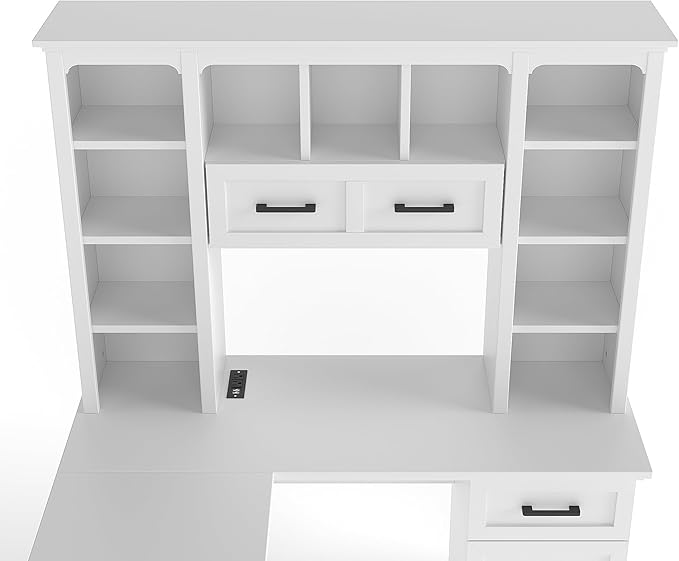 L Shaped Computer Desk with Drawers Bookshelf &amp Hutch Modern Corner Home Office Desk L-Shaped Study Table Writing Corner Gaming Computer Desk with Storage (White)