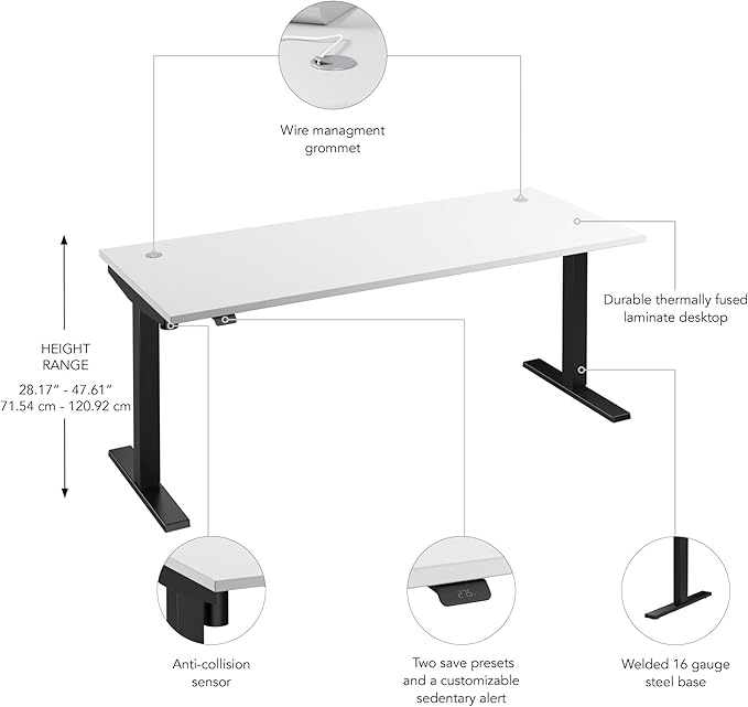 Bush Business Furniture 72-inch Electric Height Adjustable Standing Desk Ergonomic Sit-Stand Computer Table for Home and Professional Office Move 40 Series White with Black Base