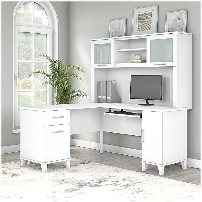 Bush Home Somerset 60W L Shaped Desk with Hutch in White