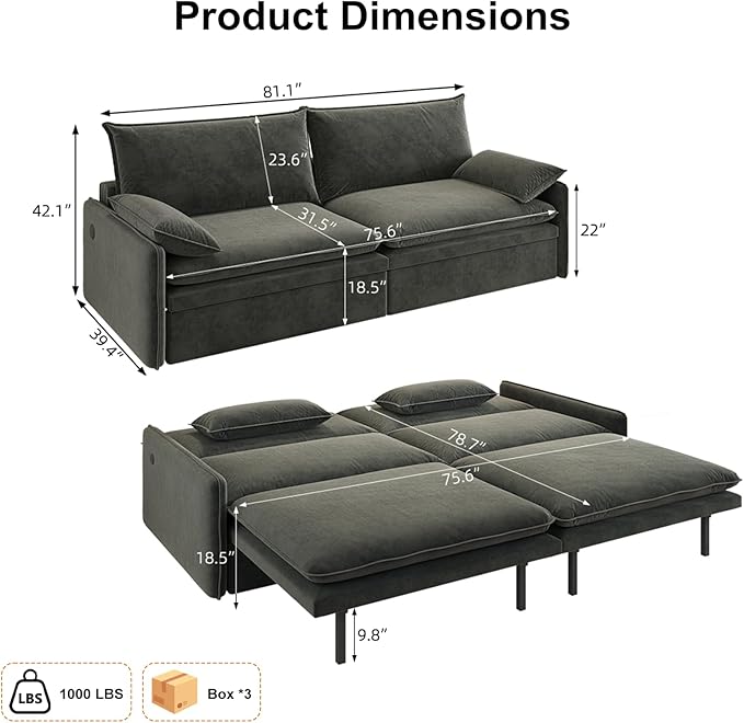81 King Pull-Out Sofa Bed 3-in-1 Convertible Sleeper Sofa Bed with Hidden Storage &amp USB Charging Chenille Cloud Couch with Chaise Lounge for Living Room &amp Apartment Dark Grey | Pullout Cou