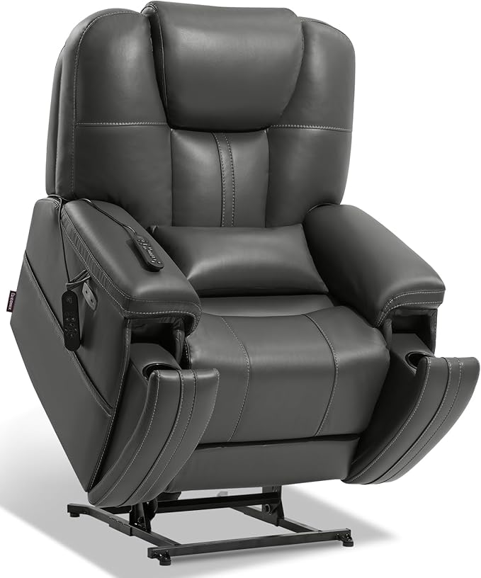 EONIX Triple Motor Lay Flat Power Lift Recliner Chair for Elderly with Adjustable Headrest 400lbs Electirc Lift Chair for Living Room Lumbar Pillow Extended Footrest Grey