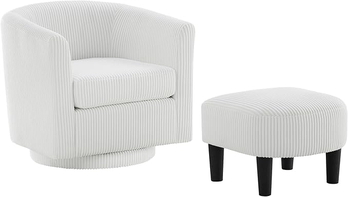 Boucle Swivel Barrel Chair with Ottoman White Sherpa Accent Chair with Curved Backrest &amp Pillow Comfy Upholstered Armchair for Living Room Bedroom Reading Spaces (White)