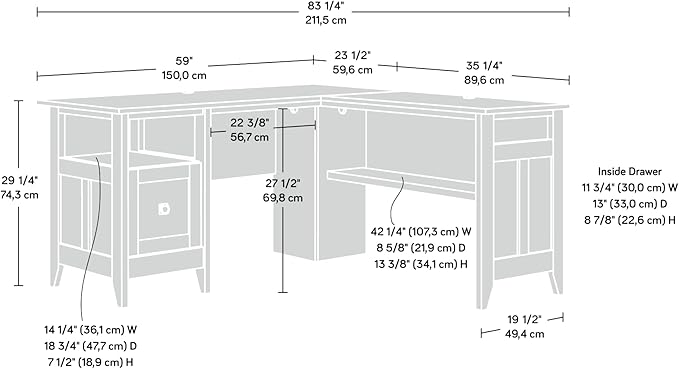 Sauder August Hill L-Shaped Home Office Desk Farmhouse Corner Desk with File Drawer Cable Management Mystic Oak Finish