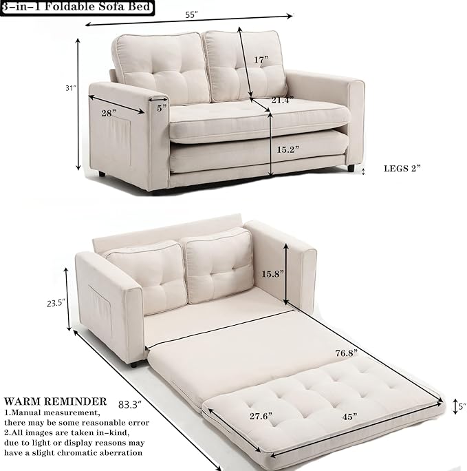 Futon Sofa Bed Convertible Folding Chaise Lounge for Compact Living Studio Bedroom Offices Dorm - Adjustable Pull Out Breathable Small Loveseat (Off White)