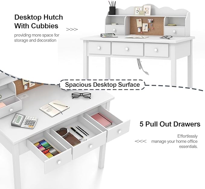 White Writing Desk with Hutch and Drawers 36 Inch Home Office Desk with Charge Station Computer Work Station with Storage Shelf