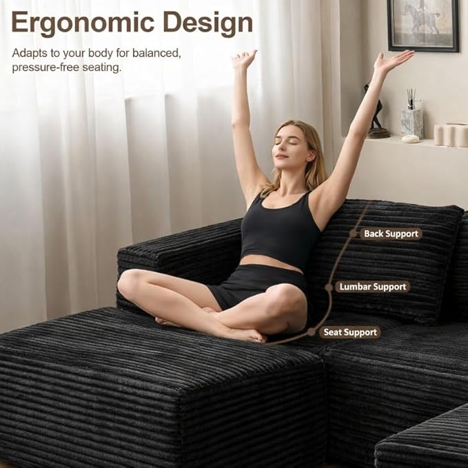 110 Boneless Couch with 2 Ottomans Corduroy U-Shaped Modular Cloud Sofa with Deep Seats Ergonomic Memory Foam Couches for Living Room No Assembly Sectional Sofas 5 Seater Black