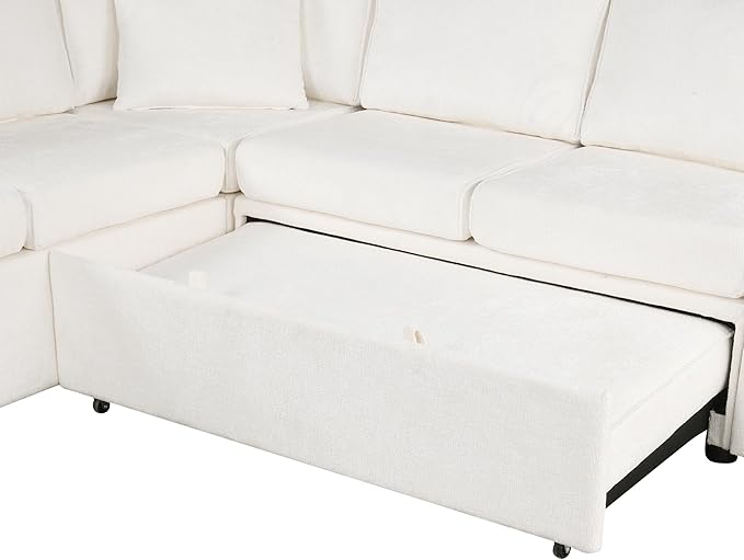 Modern Sectional Sofa Pull-out Sofa Bed Sleeper with a Storage Ottoman and 3 Pillows L-shaped Convertible Sofa Bed Chenille Upholstered Combination Couch for Living Rooms Offices (Cream-16)