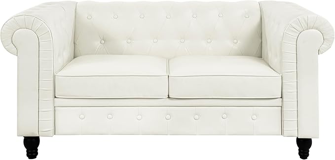 Naomi Home Emery Chesterfield Love Seat Loveseat Sofa &amp Accent Chair w/Rolled Arms Tufted Cushions Solid Wooden Legs Deep Seating Comfy Bedroom Living Room Reading Chair Tool-Free Assembly White