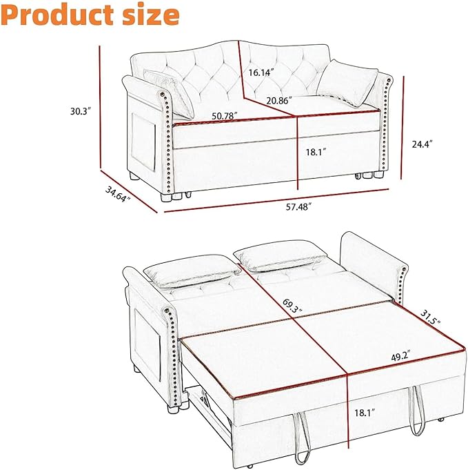 57-Inch Velvet Full Size Sleeper Sofa Couch with Pullout BedConvertible Pull Out with Golden Decorative Strip and Adjustable Backrest for Small SpacesApartment Guest Room RV (Grey)