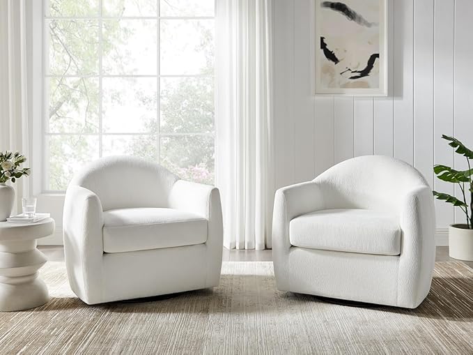 360° Swivel Accent Chair Comfy Swivel Barrel Chairs Modern Upholstered Arm Chair for Living Room Bedroom Apartment (White)