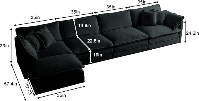 WILLIAMSPACE 146.5 Sectional Sofa Couch for Living Room Modern Upholstered Oversized L-Shaped Sofa with Ottoman &amp Toss Pillows Modular 5 Seat Sofa Furniture for Apartment Chenille Fabric (Blac