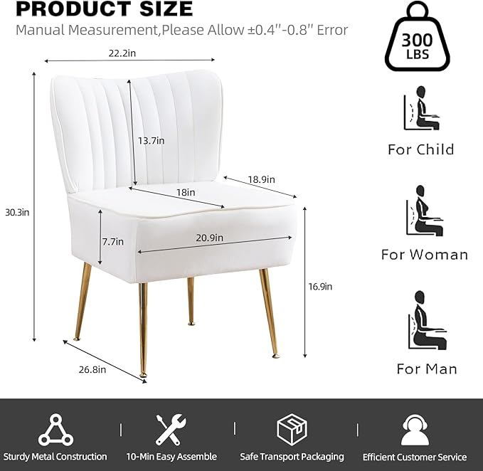 Accent Chair Set of 6 Upholstered Velvet Wingback Side Chairs Modern Armless Living Room Chairs with Golden Legs Vanity Chair for Bedroom White
