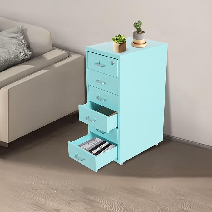 6 Drawers Mobile File Cabinet Rolling Vertical Filing Cabinet Under Desk Storage Organization 16 D x 11 W x 27 H (Blue)