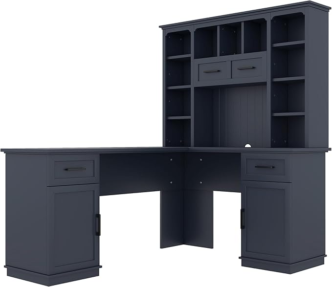 L-Shaped Executive Desk Writing Desk Office Study Workstation with Storage Cabinets and Bookcases Wood Home Office Computer Desk for Living Room Study Room (Antique Blue-11.8)