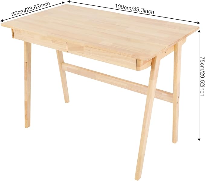 Eapmic Solid Wood Writing Desk Computer Table Study Desk with Drawers Small Space Home Office Workstation Freestanding Wooden Study Table for Bedroom Apartment Dorm Minimalist Design (BurlywoodA)
