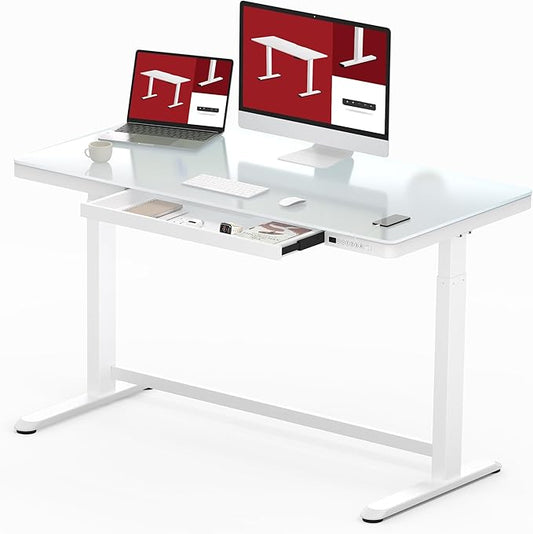 SANODESK Standing Desk with Drawer Electric Height Adjustable Home Office Desk with Storage &amp USB Ports 48 inch Tempered Glass Tabletop/White Frame