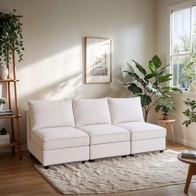 90 Inch Modular Sectional Sofa Couch 3 Seater Sofa with Storage Place Modern Cozy Cloud Convertible Sofa Couch for Living Room/Apartment Chenille Fabric Beige