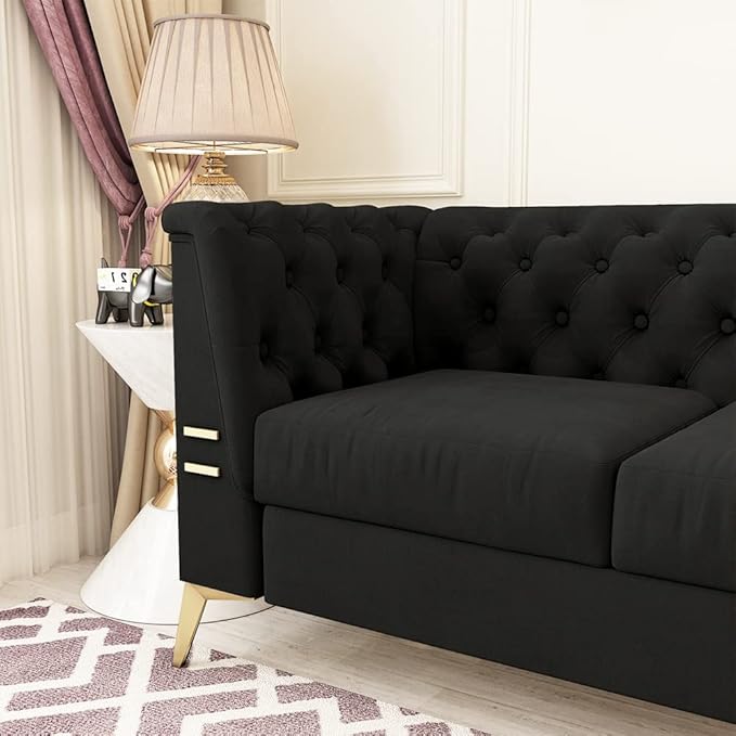 WILLIAMSPACE Chesterfield Black Sofa 3 Seater Velvet Couches Upholstered Tufted Sectional Sofa for Living Room/Office/Apartment