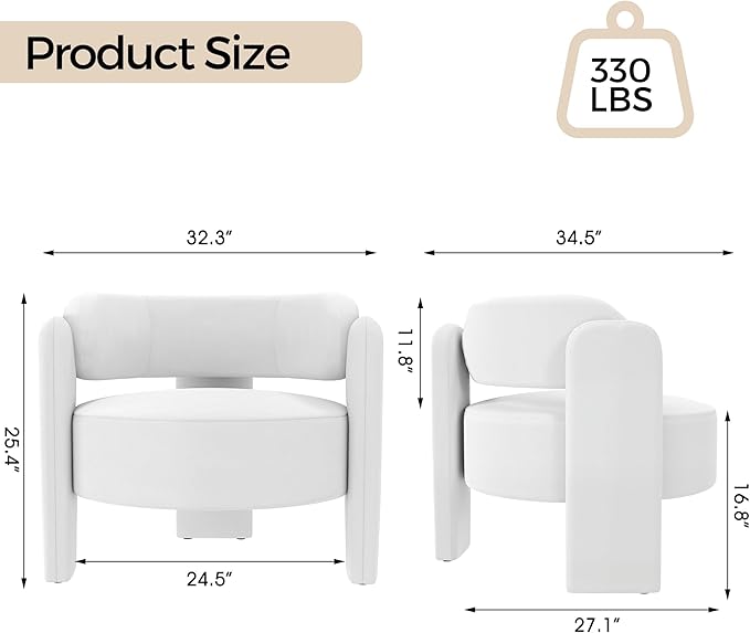 NOBPEINT Mid Century Modern Accent Barrel Chair Round Upholstered Leisure Armchair with Open Back for Living Room Bedroom Apartment White