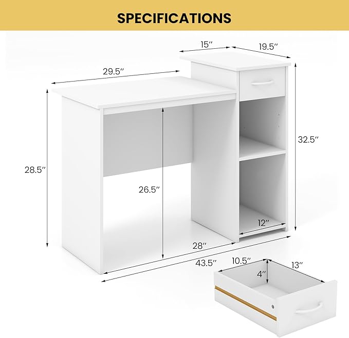Computer Desk with Drawers 43.5’’ Writing Desk with Storage Shelves Wood Vanity Makeup Table Small Desk for Bedroom Living Room Study Home Office Small Space White (43.5'')