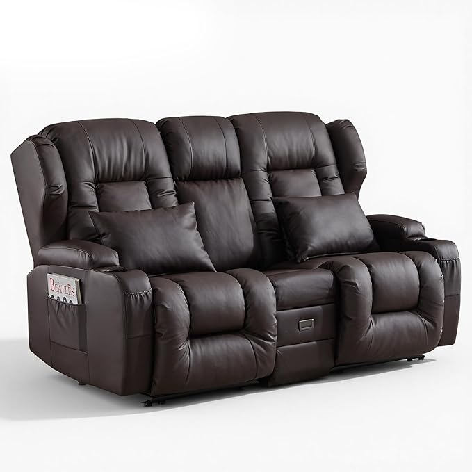 Loveseat Recliner Sofa with DIY LED LightsRV Couch Wall Hugger Recliners with Flip-up ConsoleReclining Loveseat Sofa Recliner with Smart LED Lights/Cup Holders/Lumbar PillowsRV FurniturePU Brown