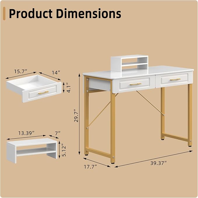 WESTREE Modern Makeup Vanity Desk with Glossy DesktopBedroom Home Office Writing Desk with Drawers Storage Shelf Gold Metal Frame for Dressing Table Without Mirror